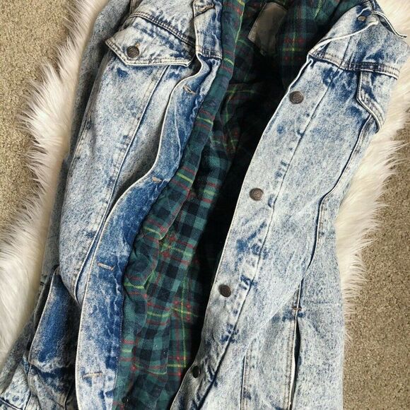 Vintage 80's 90's Women's Oversized Acid Wash Denim‎ Jacket Plaid Flannel Lined - Picture 7 of 9
